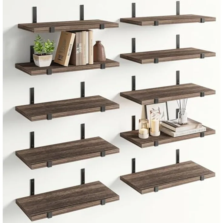 BAKAJI Set mit 10 schwimmenden Wandregalen aus Holz, Mehrzweck-Wandregal mit Metallhalterungen, ideal für Schlafzimmer, Wohnzimmer, Küche, Badezimmer, Bücherregal, platzsparend, 40 x 15 cm (Eiche)