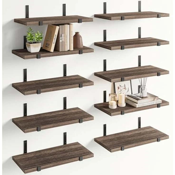BAKAJI Set mit 10 schwimmenden Wandregalen aus Holz, Mehrzweck-Wandregal mit Metallhalterungen, ideal für Schlafzimmer, Wohnzimmer, Küche, Badezimmer, Bücherregal, platzsparend, 40 x 15 cm (Eiche) – Bild 1