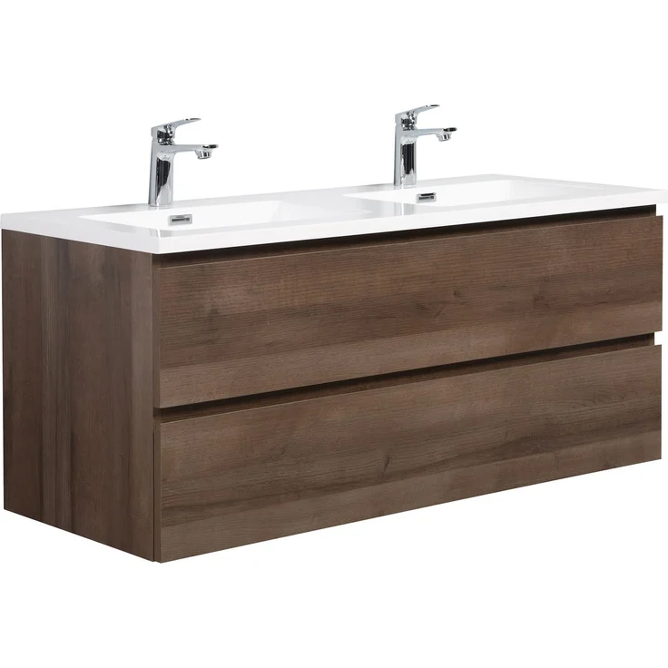Badplaats Badmöbel Set mit Waschbecken und Unterschrank Angela 120 x 48 cm Braun Eiche - Waschbeckenunterschrank mit Soft-Close und Doppelwaschbecken, Vorgemontiert – Bild 1