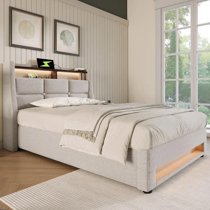 Polsterbett 90x200 cm aus Leinen mit LED-Beleuchtung und Stauraum, ohne Matratze – Bild 2