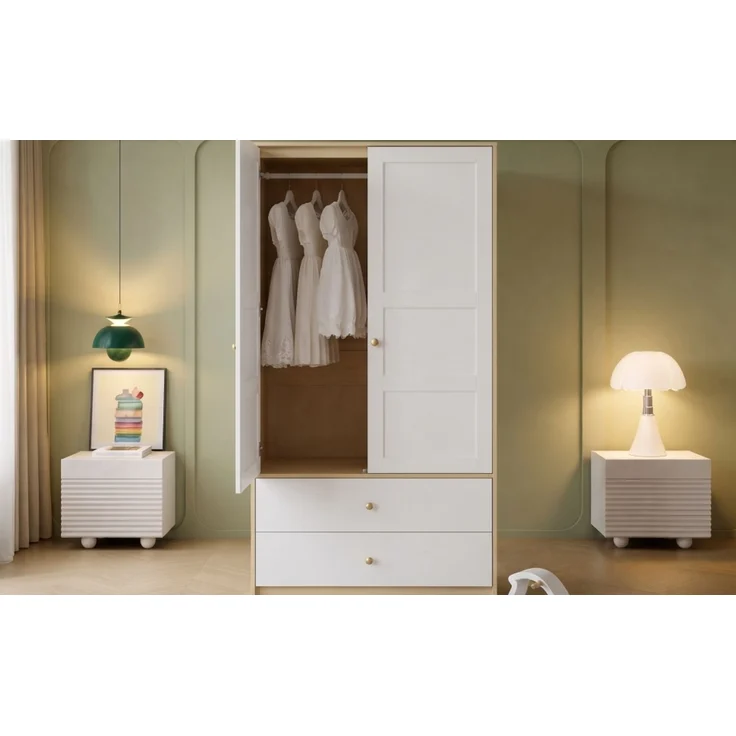 ZUBALIYA Doppeltüriger Kleiderschrank, 2-türiger Kleiderschrank, mit 2 Schubladen und Kleiderstange, Schlafzimmermöbel, Garderobenschrank, Kleiderschrank mit Kleiderstange, 100 x 48 x 180 cm,Weiß und Holzoptik – Bild 20