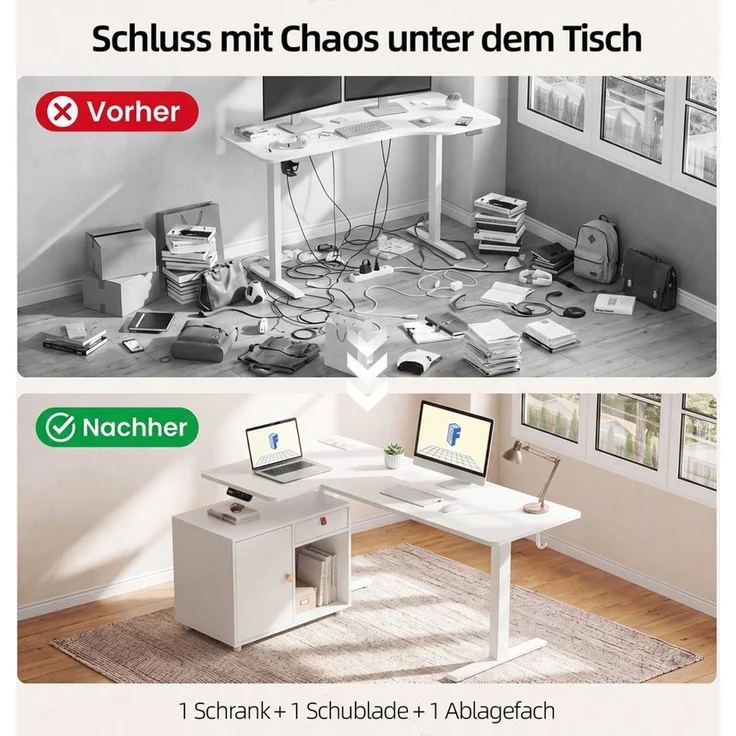 HOMALL Eckschreibtisch L-förmig Höhenverstellbarer schreibtisch mit Schrank und Schublade (Maße: 148 x 80 cm, mit integrierter Steckdose und USB-Anschluss, großzügiger Stauraum: mit Schubladen, Schränken und offenen Ablagefächern, maximale Tragkraft 70... – Bild 4