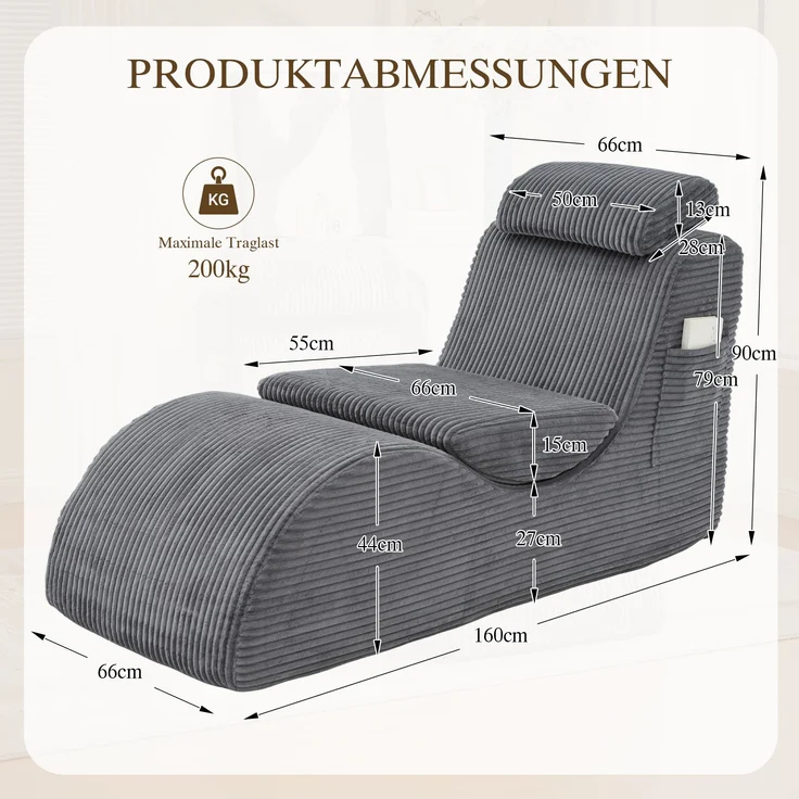 Freizeit-Sessel, Cord mit Seitentasche & ergonomischer Form, 160x66x90 cm, Dunkelgrau – Bild 10