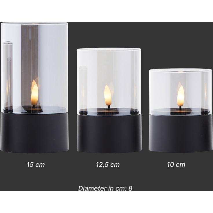 Brilliant Bougie LED-Kerzen 3er-Set - schwarz/geräuchertes Glas, warmweiß flackernd, 10 cm,12,5 cm,15 cm, batteriebetrieben, Dekoration für drinnen & draußen – Bild 6