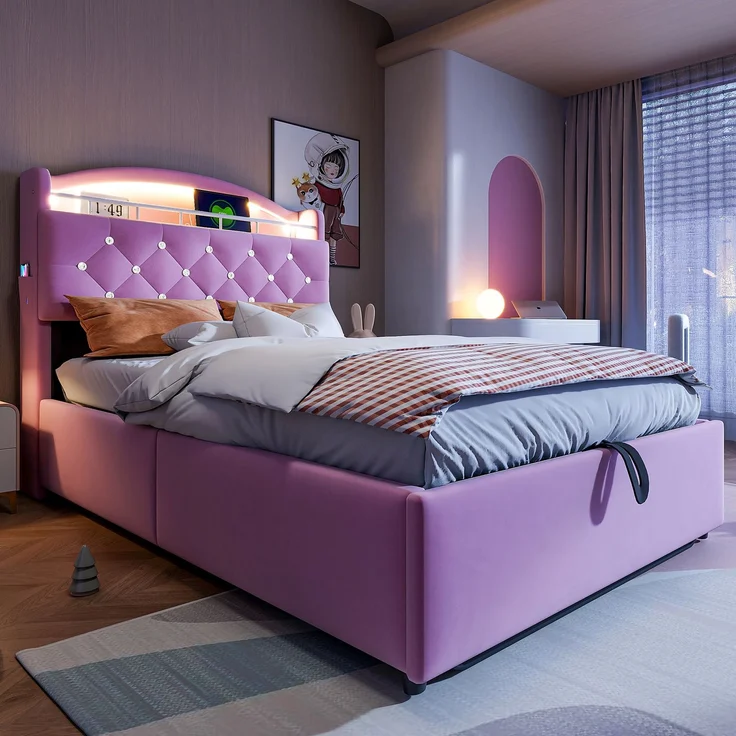 Merax Kinder Polsterbett 90x200, Samt Einzelbett Multifunktionsbett mit Stauraum mit LED und USB Rosa – Bild 3
