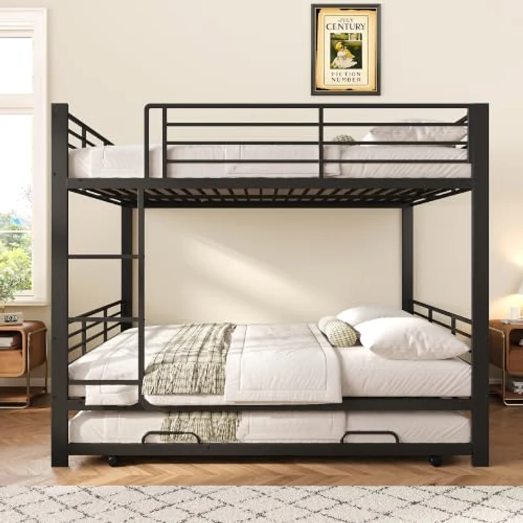 FAVSH Etagenbett 140x200 cm für 3 Personen aus Metall, Hochbett mit Rausfallschutz und Leiter, Geräuscharmes Doppelbett, rutschfest, für Jugendliche und Erwachsene, WG & Ferienwohnung, Schwarz B – Bild 7