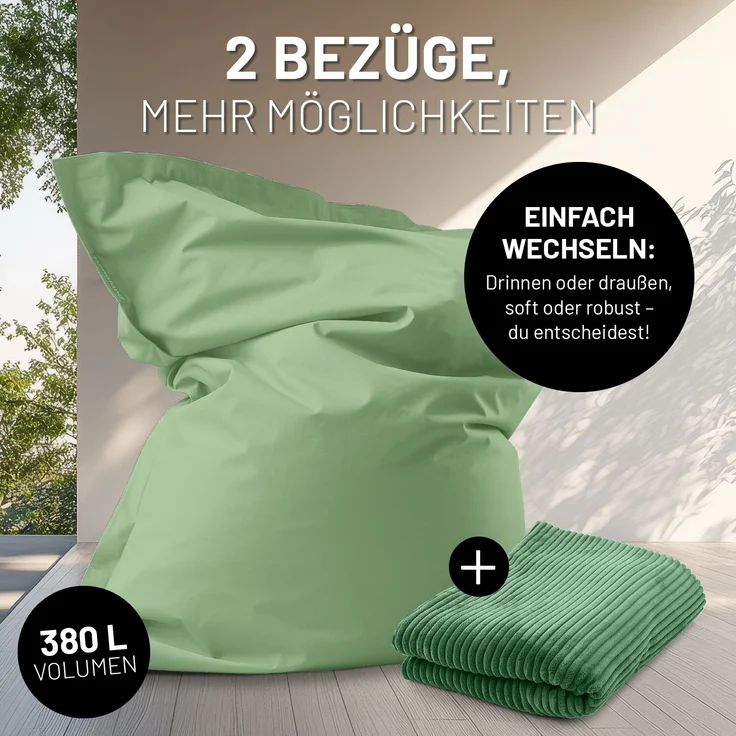 Lumaland Sitzsack Classic XXL All-in-One Set | Riesen Sitzsack XXL mit Cord & Outdoor Bezug für drinnen & draußen | Sofa Sessel mit im Innensack sicher verpackter EPS-Füllung – Hüllen Easy wechselbar – Bild 4