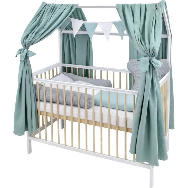 Baby-Delux Komplettbett Hausbett Babybett Komplettset Waffelpique Musselin, 12-tlg, Kinderbett 60x120 cm weiß Natur, Bettset verschiedene Designs – Bild 1