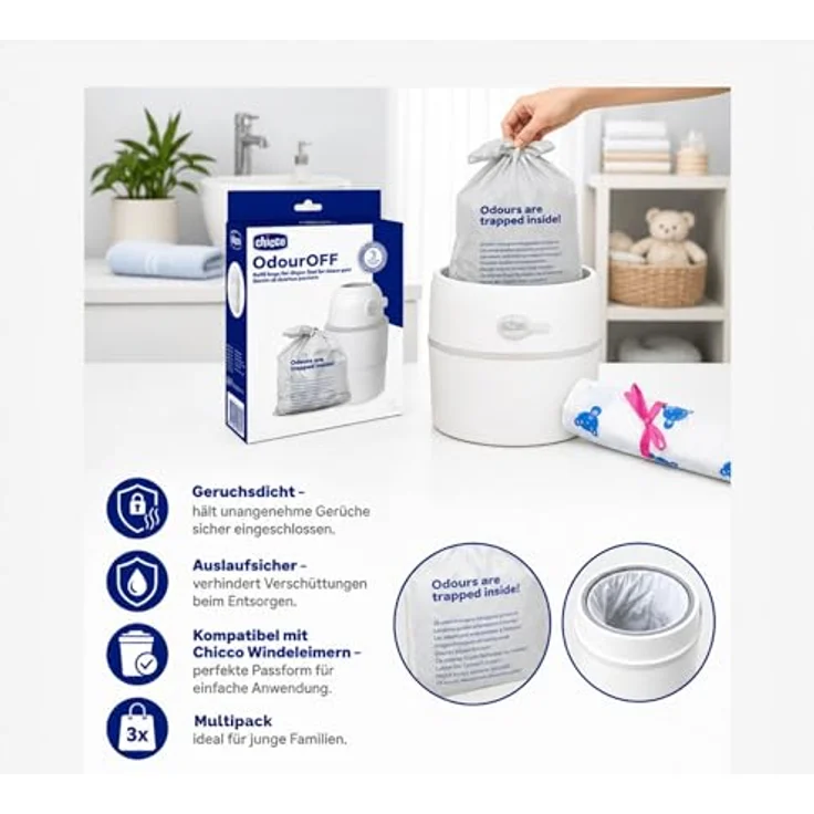 Chicco Windeleimer Nachfüllpack & Windel Blaubaer | geruchsdichte & auslaufsichere Beutel | Für saubere und geruchsfreie Wickelbereiche | Nachfüllkassette, Nachfüllfolie für Windeleimer – Bild 7