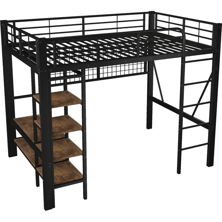 Hochbett, 140x200 cm, Eisenrahmen, Ablagefach, Netz zum Aufhängen von Gegenständen, mit Kleiderstange, offener Raum unter dem Bett, mit LED-Lichtleiste, ohne Matratze, Schwarz – Bild 10