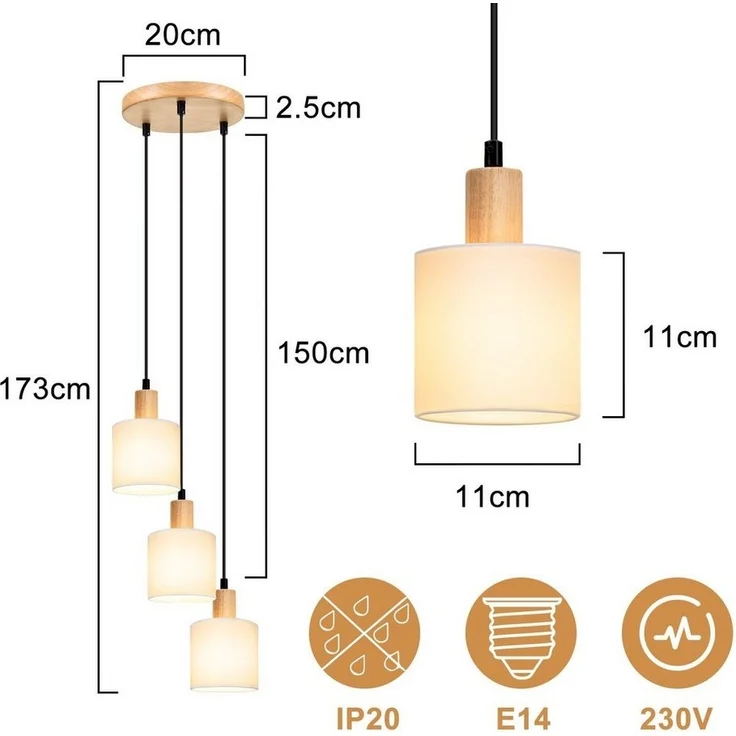 Nettlife Pendelleuchte Vintage Holz Stoff Weiß 1/3 Flammig E14 Rustikale Beleuchtung, Höhenverstellbar, LED wechselbar, Küche Wohnzimmer Restaurant Schlafzimmer Flur – Bild 2