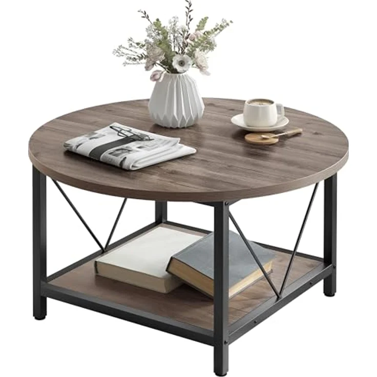 YITAHOME Runder Couchtisch, 80 x 80 x 46 cm Rustikaler Wohnzimmertisch aus Holz für Wohnzimmer mit Ablage, Moderner Bauernhaus Couchtisch mit Stabilen Metallbeinen, Heimmöbel – Bild 2