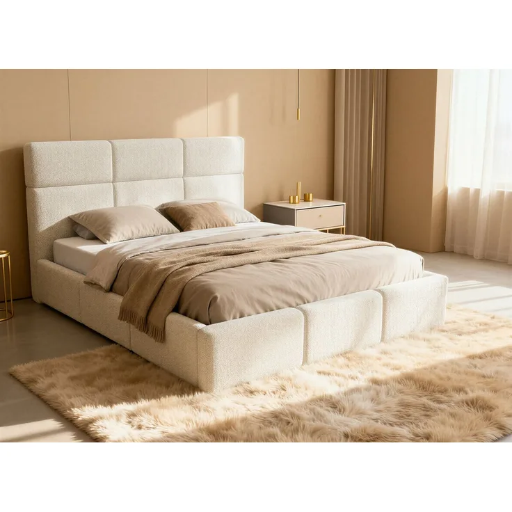 Polsterbett Celine - Bettkasten mit Gasdruckfedern - Doppelbett mit Lattenrost, Bett mit Polsterkopfteil, Bettgestell, Schlafzimmer, Bouclé-Stoff (180x200 cm, Weiß (Coral 70))