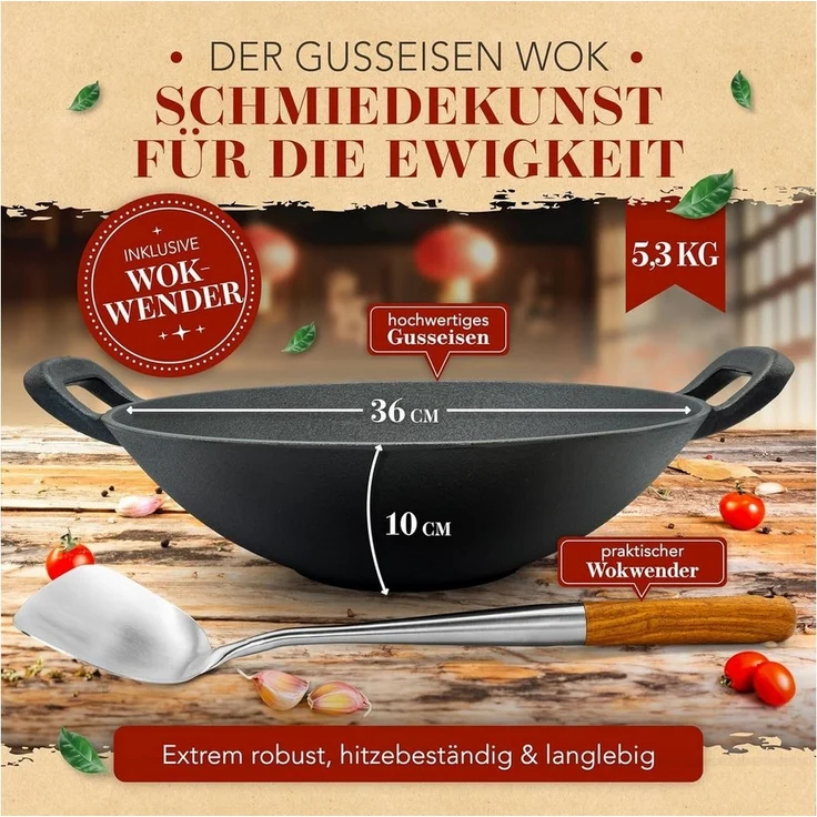 Krustenzauber Wok 30cm Wokpfanne Induktion voreingebrannt mit Wokwender und Wokring – Bild 2