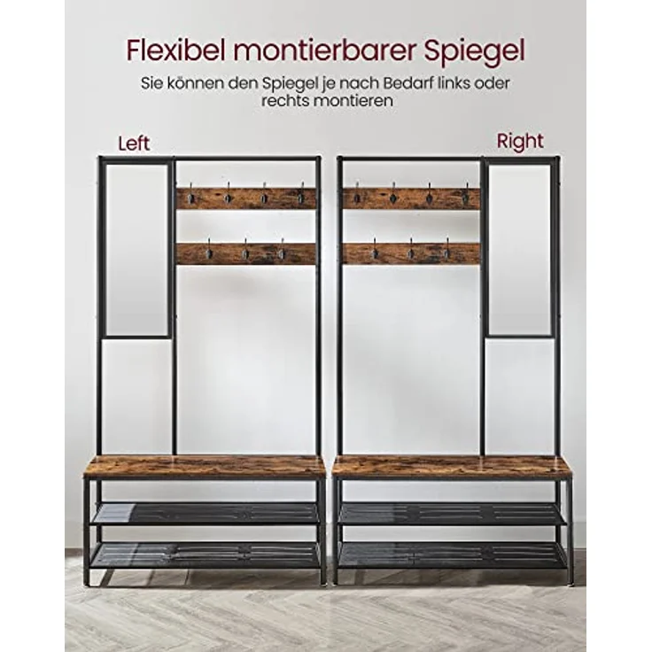 VASAGLE Kleiderständer, Garderobe, Garderobenständer mit Haken, Spiegel, Sitzbank, 35 x 98 x 180 cm, für Eingangsbereich, Schlafzimmer, Wohnzimmer, Industrie-Design, vintagebraun- schwarz HSR415B01 – Bild 8