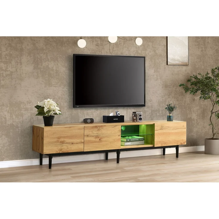 Moderner TV-Schrank aus MDF mit Holzmaserung, 175 x 31 x 41 cm, variable LED-Leuchten in 7 Farben, 175x31x41cm, Helle Eiche – Bild 2