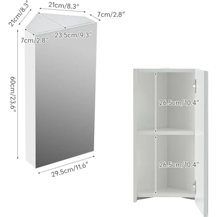TUKAILAI Spiegelschrank Bad, Badschrank mit Spiegel mit 2 Regalebenen, Eckspiegel Badezimmerschrank, Badezimmerspiegel mit Türen, Spiegelschrank Bad mit Ablagen, Weiß – Bild 4