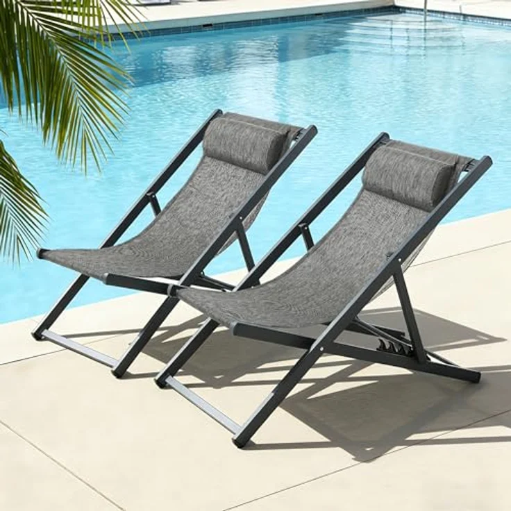 Mondeer Sonnenliege 2er Set, klappbarer Liegestuhl mit Kopfstütze und Verstellbarer Rückenlehne für Garten Pool Terrasse, Belastbarkeit 130kg, W104 x D58 x H95cm, Schwarz und Grau – Bild 8