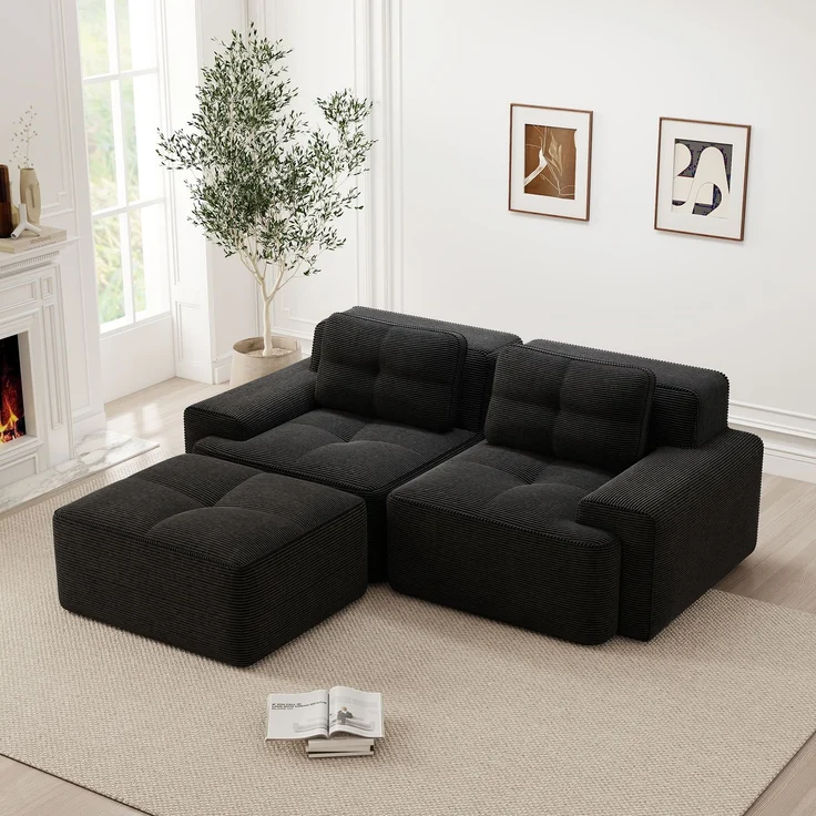 Boneless Modulsofa,Modernes L-förmiges Modulsofa für Wohnzimmer mit Tiefem Sitz bequemes Corduroy-Cloud-Sofa mit Ottoman Getuftetes Zweisitzer-Schlafsofa,Corduroy,Schwarz, – Bild 3