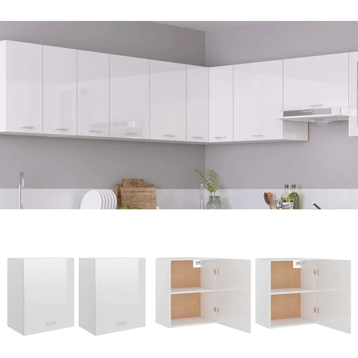 vidaXL 2X Hängeschrank 2 Regalböden Küchenschrank Küche Schrank Einbauküche Küchenzeile Küchenmöbel Oberschrank Hochglanz-Weiß 50 x 31 x 60 cm Holzwerkstoff – Bild 4