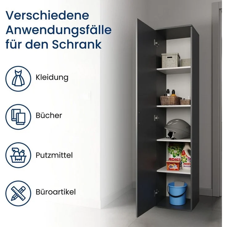 Home Collective Mehrzweckschrank Schmaler Schrank 40 cm breit mit 1 Tür & 4 Einlegeböden (Universalschrank Haushaltsschrank für Haushalt, Flur, Büro oder Schlafzimmer) 40x35x184 cm (BxTxH), Anthrazit – Bild 4