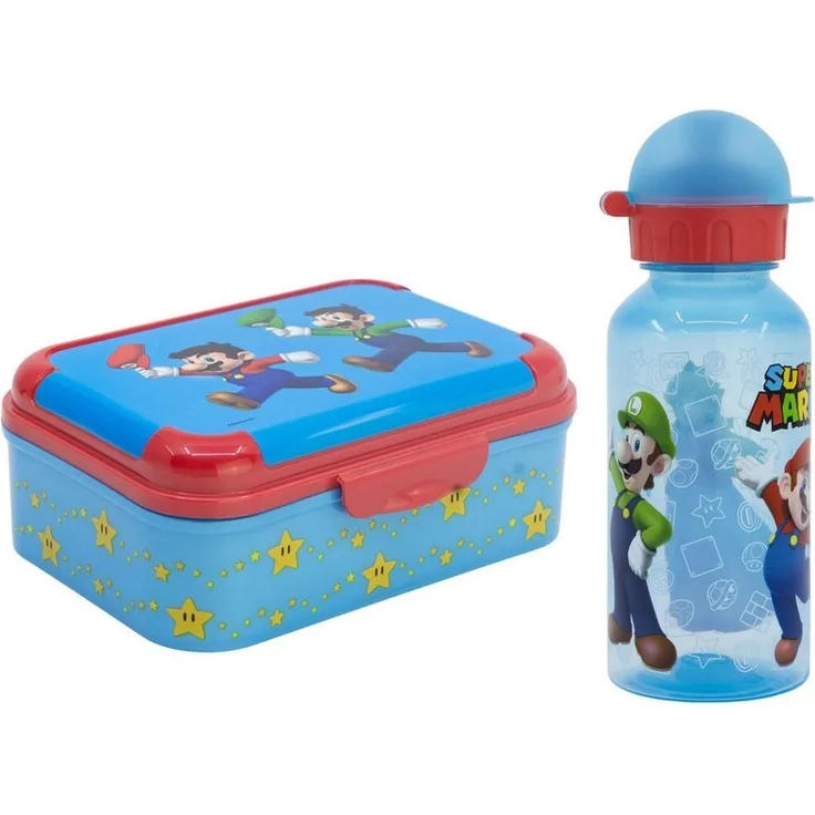Super Mario Lunchbox Super Mario Luigi Kinder 2 teiliges Set Brotdose Trinkflasche 370 ml, (2-tlg, Spar-Set)