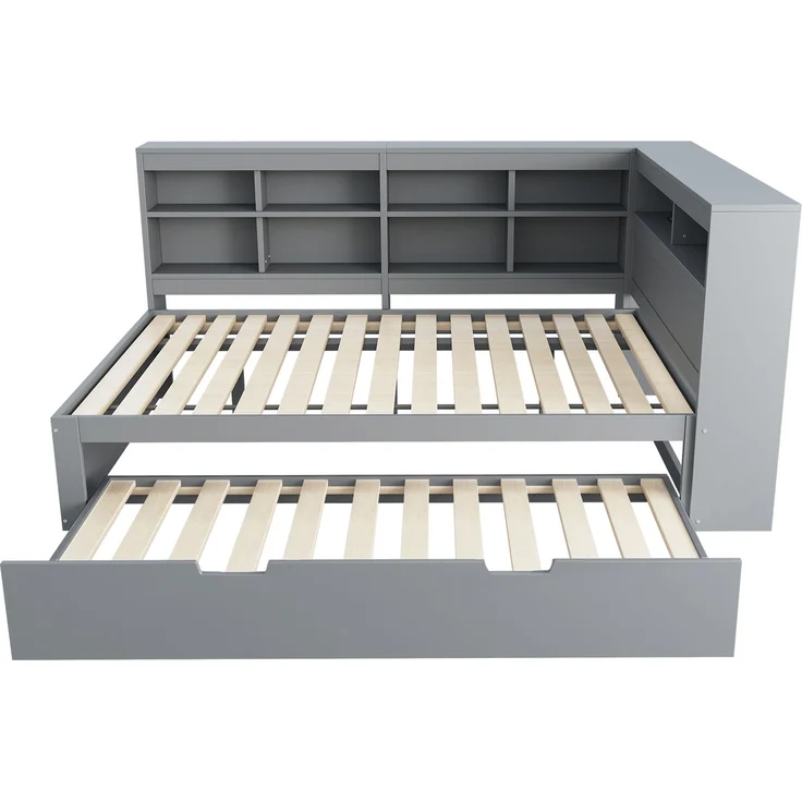 Massivholz Doppelbett 140×200 mit Ausziehbett 90×190, USB-Ladestation & Stauraum, multifunktionales Schlafsofa,Grau – Bild 10