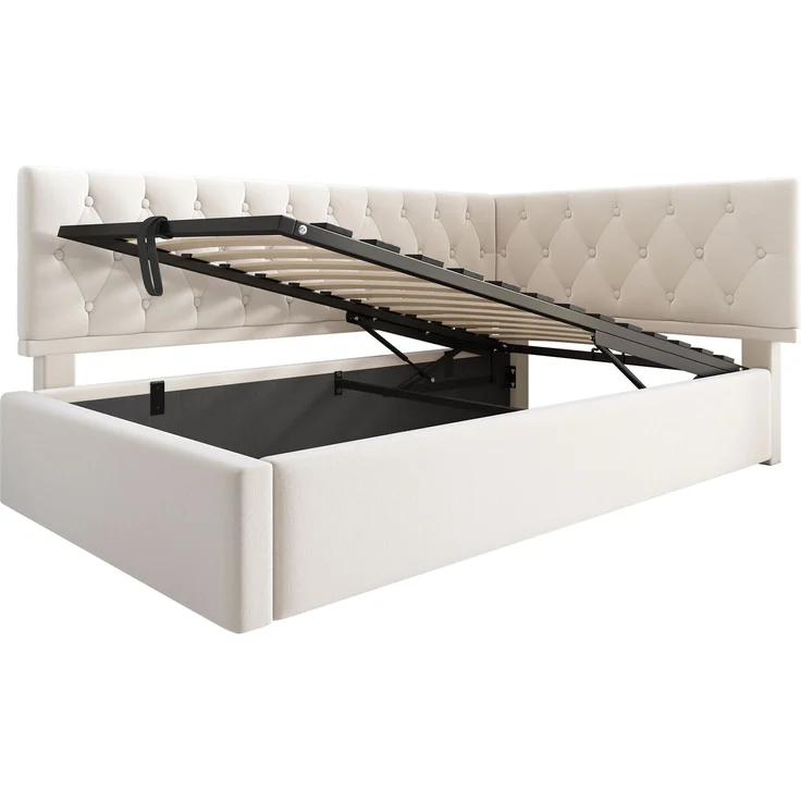 Polsterbett 90x200 cm aus Samt mit hydraulischem Stauraum – L‑förmiges Daybed, beige – Bild 9