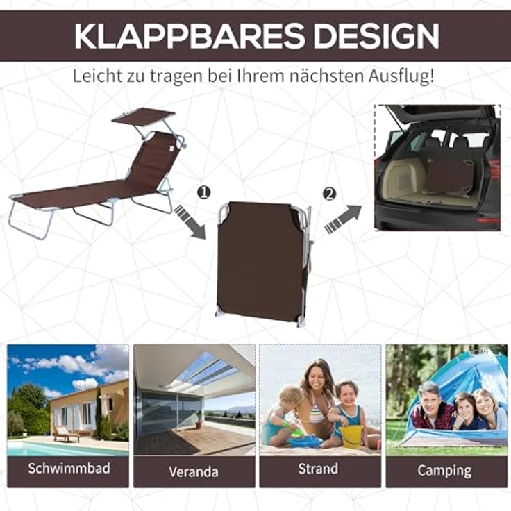 Outsunny Sonnenliege Gartenliege Wellnessliege Strandliege klappbar mit Sonnenschutz Braun 187 x 58 x 36 cm – Bild 6