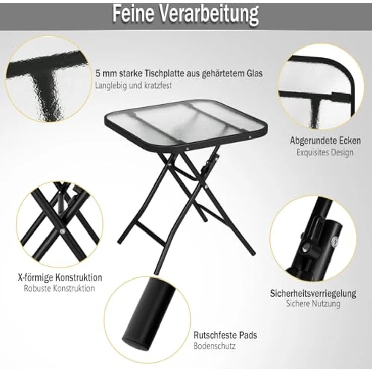 eSituro Klapptisch, Beistelltisch klappbar, Balkontisch Campingtisch Gartentisch Bistrotisch, mit Metallrahmen, rechteckige Tischplatte aus gehärtetem Glas, 46 x 46 x 48 cm, Schwarz+transparent – Bild 4
