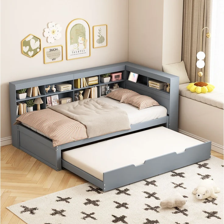 CHICFURN Ausziehbett aus Holz Grau 90x200 cm mit Auszug 90x190 cm, USB-Anschluss und Stauraum – Bild 1