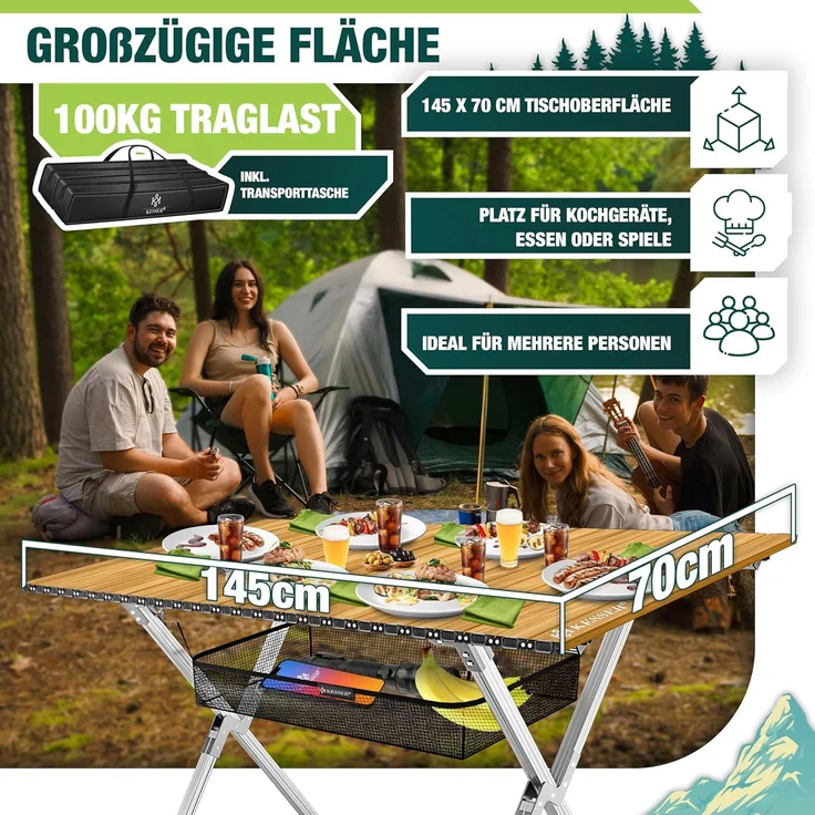 KESSER® Campingtisch faltbar Klapptisch mit Aluminiumrahmen Aufrollbare Tischplatte Falttisch klappbar inkl. Tragetasche mit Trageband & Netztasche, Holz-Optik 145 cm, Braun / Silber – Bild 2