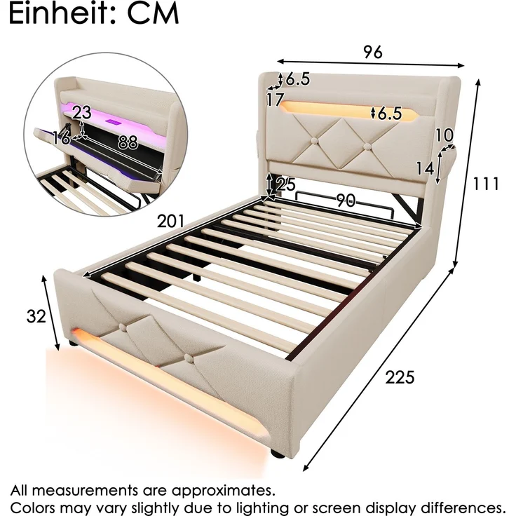 EINHOM Polsterbett Einzelbett 90 x 200 cm, Stauraum Kopfteil mit USB und Typ C-Port, 360-Surround-LED-Funktion Rund um Kopf- und Fußende des, Betten mit Hydraulisch Stauraum, Leinen, Beige (Ohne Matratze) – Bild 2