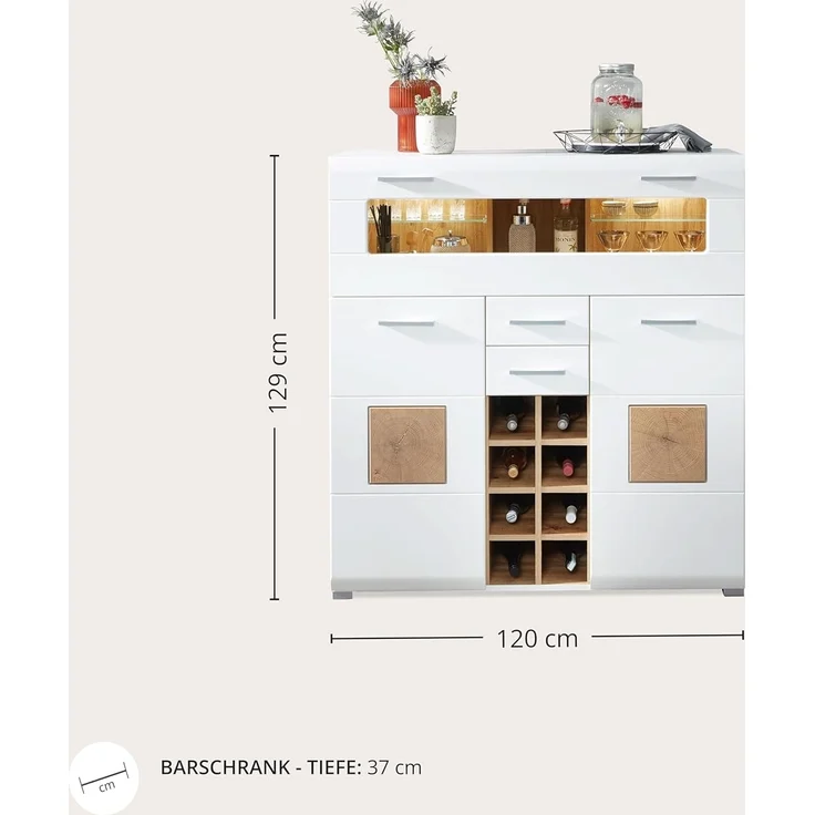 Kommode Barschrank Theke Sideboard Getränke ca. 120 x 129 x 37 cm FUN PLUS Weiß/Eiche Altholz Nb. – Bild 3