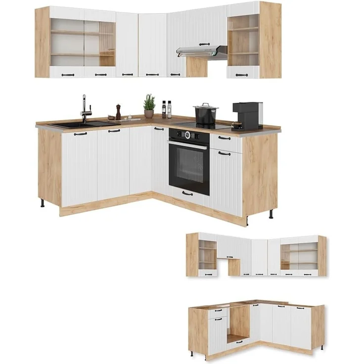 Eckküche Fame-Line Weiß Landhaus/Goldkraft Eiche 190 x 160 cm ohne Arbeitsplatte Vicco – Bild 6