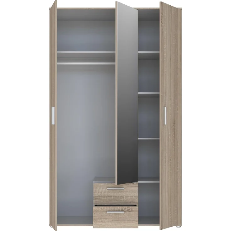 Forte Nano Kleiderschrank 120, Drehtürenschrank mit 2 Schubladen, Einlegeböden und Spiegel, Holzwerkstoff, Sonoma Eiche Dekor, 121 cm breit, 200,1 cm hoch, 54 cm tief – Bild 5