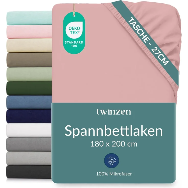 Twinzen Spannbettlaken Mikrofaser 180x200 Rosa Steghöhe 25 cm
