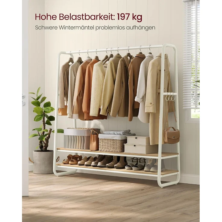 VASAGLE Kleiderständer, Garderobenständer, Garderobe, 2 Ablagen, 6 Haken in S-Form, Stahlgestell, naturbeige-mattweiß – Bild 3