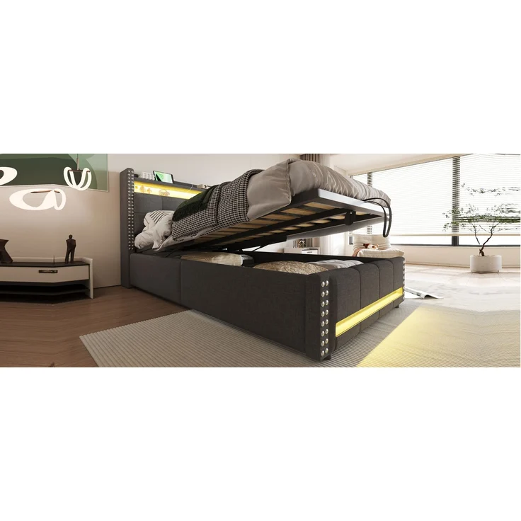 EINHOM Polsterbett Kinderbett 90 x 200 cm mit LED-Beleuchtung und USB-Steckdose, Kopfteil mit Einlegeböden und Stauraum, mit Hydraulik für die Lagerung, Einzelbett, Leinenstoff Grau, (Ohne Matratze) – Bild 7