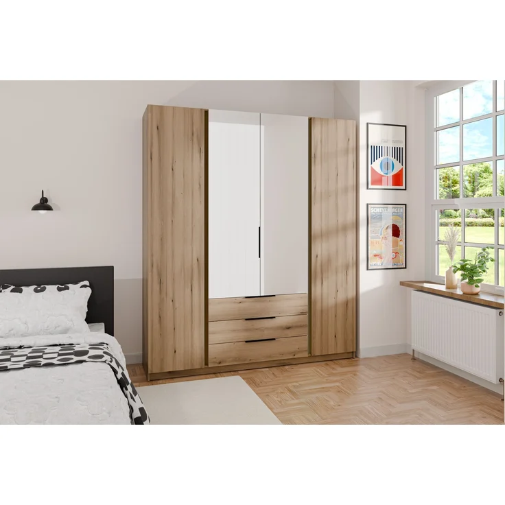 Selsey 'Kaja' Kleiderschrank 4-türig mit Spiegel & 3 Schubladen, Eiche Evoke, ca. 239 x 200 x 62 cm – Bild 2