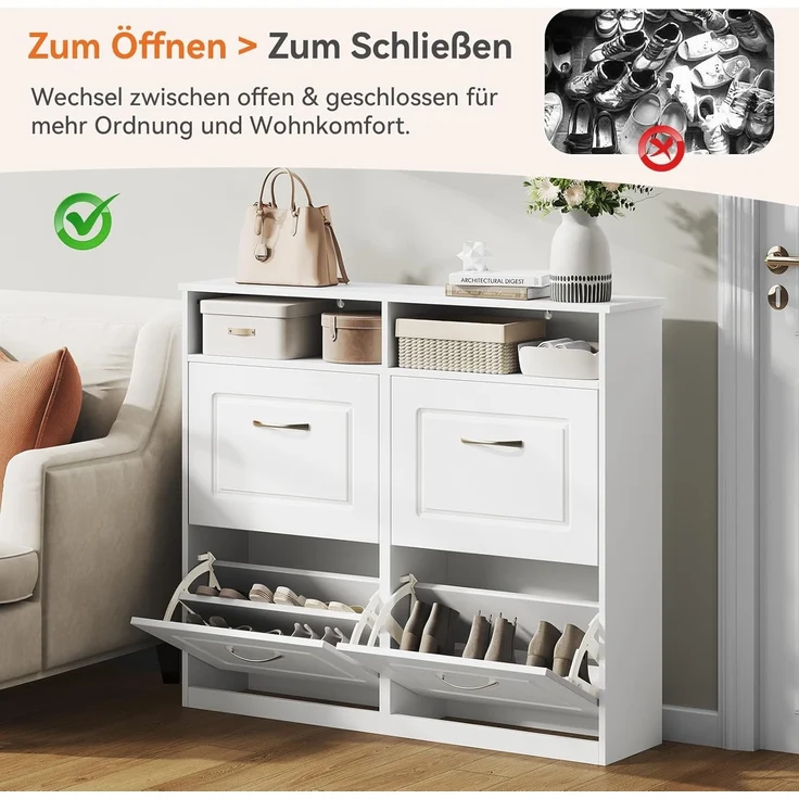 Sweetcrispy Schuhschrank mit 4 Klappen, schmaler & moderner Schuhkipper mit offenen Ablagefächern, verstellbare Trennwände, für Eingang/Flur, 104×24×90 cm, Weiß – Bild 6