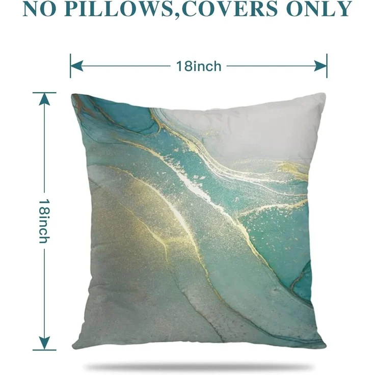 Velvet Kissenbezüge 45×45 cm 4er-Set Marmor Türkis & Gold, Luxus Fluid Art, Sofa Deko – Bild 3