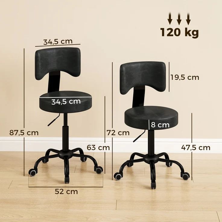 MELAYR, Rollhocker, Höhenverstellbar von 72 bis 87,5 cm, Schwarz – Bild 5