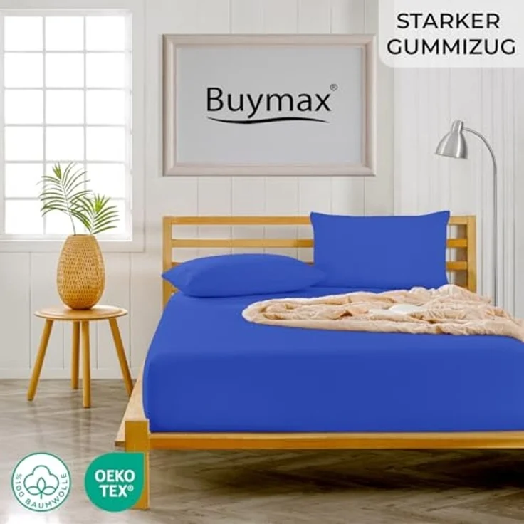 Buymax® Topper Spannbettlaken 200x200 cm Spannbetttuch 100% Baumwolle Jersey für Matratzentopper bis 12 cm Matratzenhöhe Bettlaken für Boxspringbett Topper, Blau Dunkelblau – Bild 2