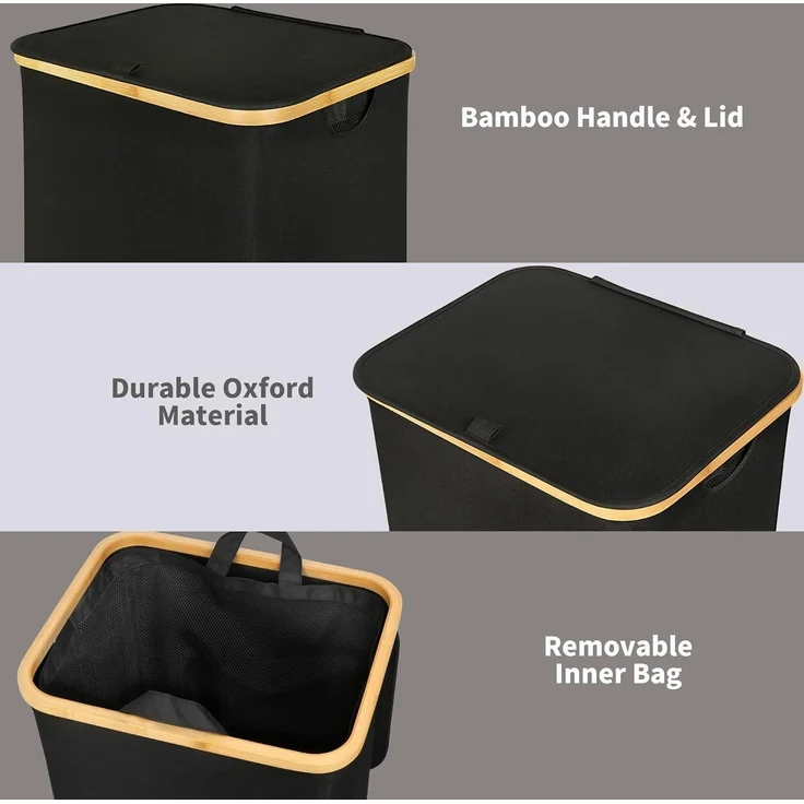 efluky Wäschekorb 100L Bambus Deckel faltbar XXL black Laundry Basket – Bild 7