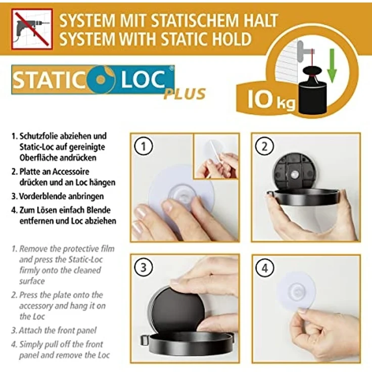 WENKO ALBA Duschablage, Schwarz/Braun, Befestigen ohne Bohren, Edelstahl/Bambus – Bild 7