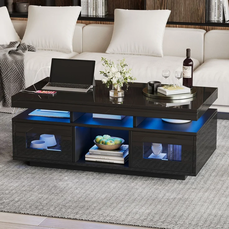 EINHOM 100 x 50 x 43 cm Schwarz Hochglanz-Couchtisch, mit Per Mobiler APP Steuerbaren LED-Leuchten, Wohnzimmertisch mit Schrank, Sofatisch mit Ladeanschluss und Steckdose, Geeignet für Büro, Arbeitszimmer – Bild 7