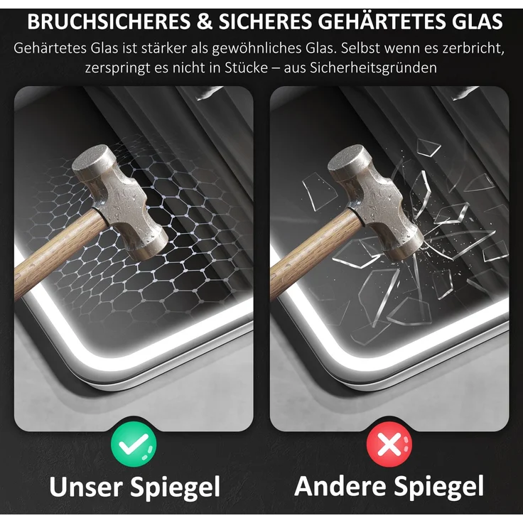 HOMCOM Badezimmerspiegel, Gehärtetes Glas, Silber, 90L x 70B x 3,5H cm – Bild 8