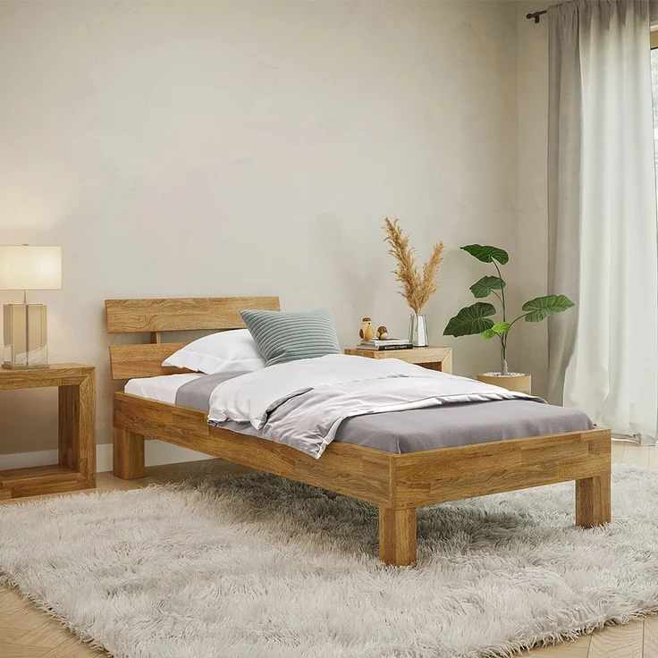 skølm 'Floki' Bett 100x200 cm, Bettgestell, natur geölt, Massivholzbett aus Eiche, Einzelbett mit Bettkopf – Bild 1