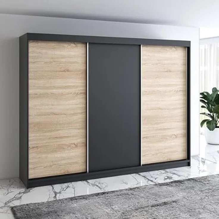 Schwebetürenschrank MERO 3-türig Schrank 200 cm Farbe: Schwarz ,sonoma – Bild 2